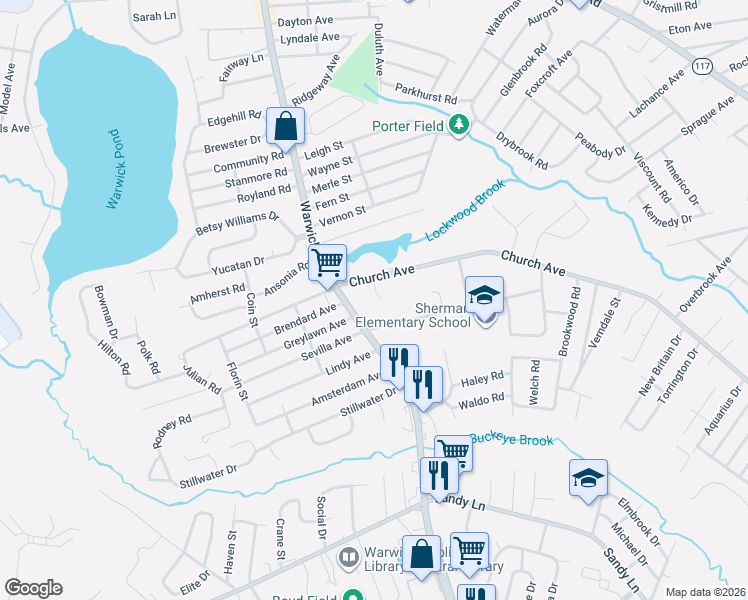 map of restaurants, bars, coffee shops, grocery stores, and more near 688 Church Avenue in Warwick