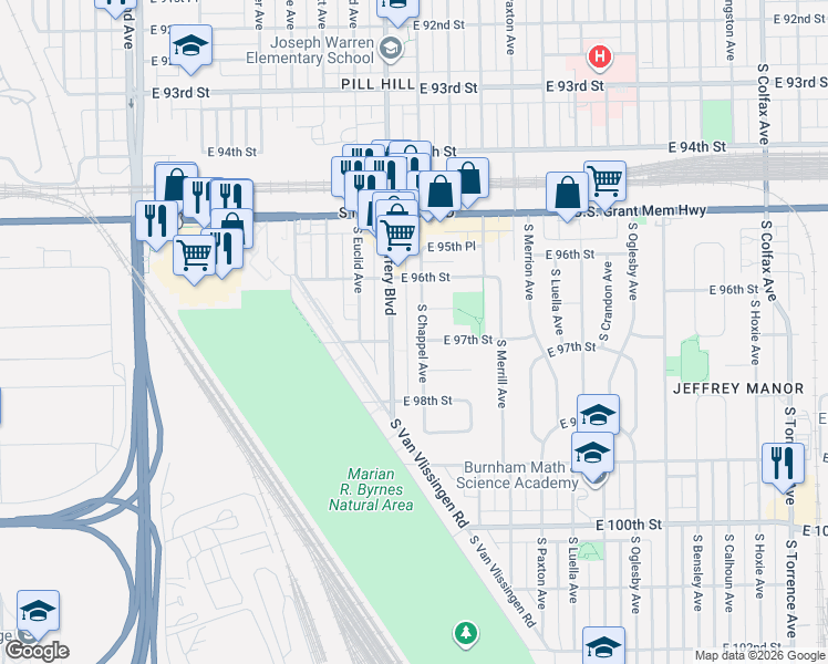 map of restaurants, bars, coffee shops, grocery stores, and more near 9640 South Chappel Avenue in Chicago