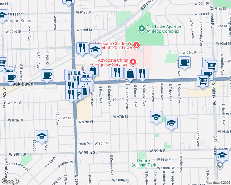 map of restaurants, bars, coffee shops, grocery stores, and more near 9510 Kolmar Avenue in Chicago