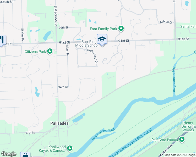 map of restaurants, bars, coffee shops, grocery stores, and more near 117 Oak Ridge Drive East in Burr Ridge