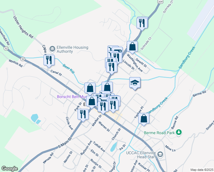 map of restaurants, bars, coffee shops, grocery stores, and more near 4 Hickory Street in Ellenville