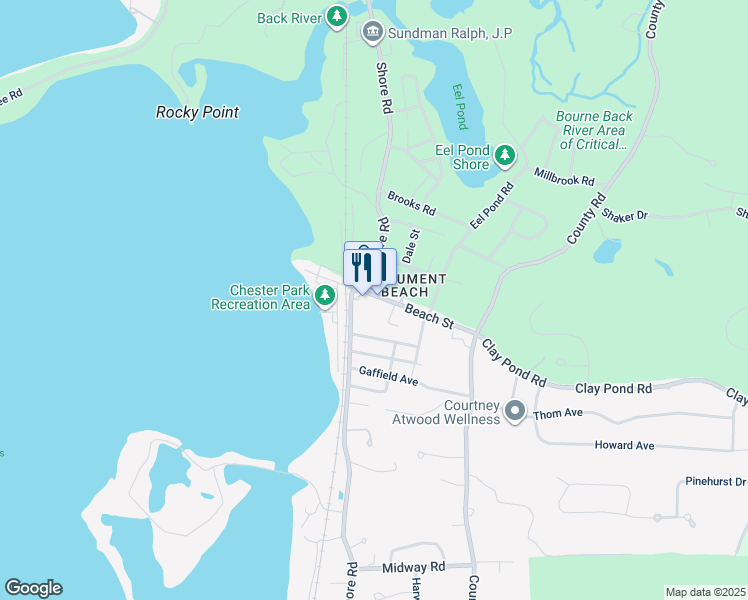 map of restaurants, bars, coffee shops, grocery stores, and more near 430 Shore Road in Bourne