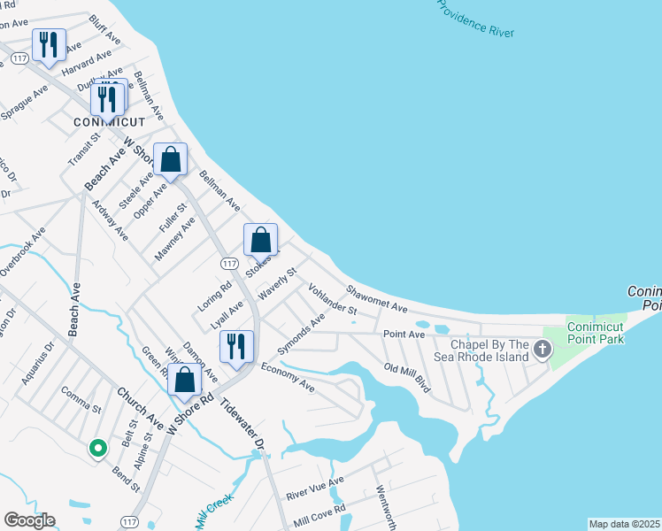 map of restaurants, bars, coffee shops, grocery stores, and more near 72 Shawomet Avenue in Warwick