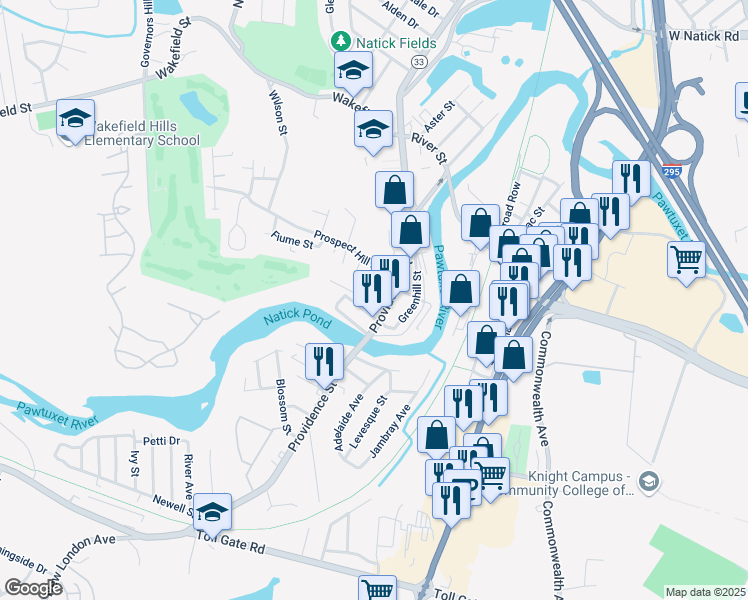 map of restaurants, bars, coffee shops, grocery stores, and more near 11 Bowen Court in West Warwick