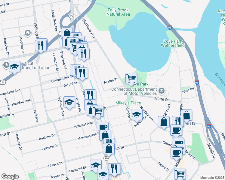 map of restaurants, bars, coffee shops, grocery stores, and more near 16 Wilcox Street in Wethersfield