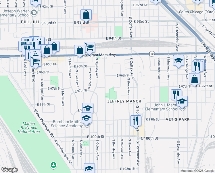 map of restaurants, bars, coffee shops, grocery stores, and more near 9624 South Bensley Avenue in Chicago
