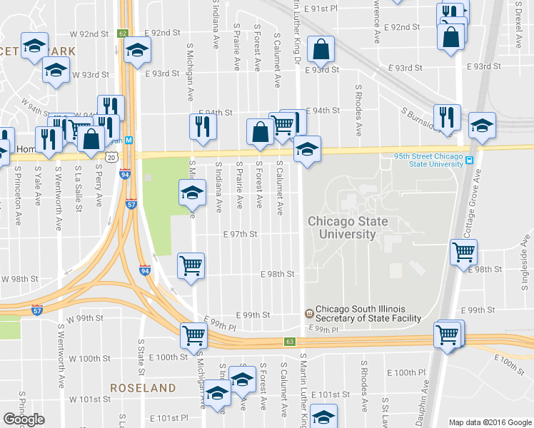 map of restaurants, bars, coffee shops, grocery stores, and more near 9615 South Forest Avenue in Chicago