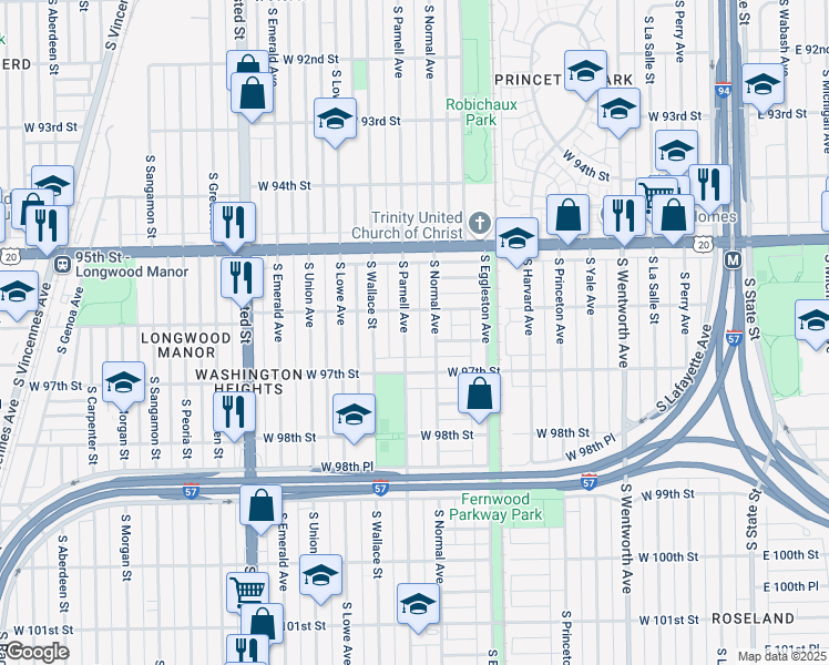 map of restaurants, bars, coffee shops, grocery stores, and more near 9606 South Normal Avenue in Chicago