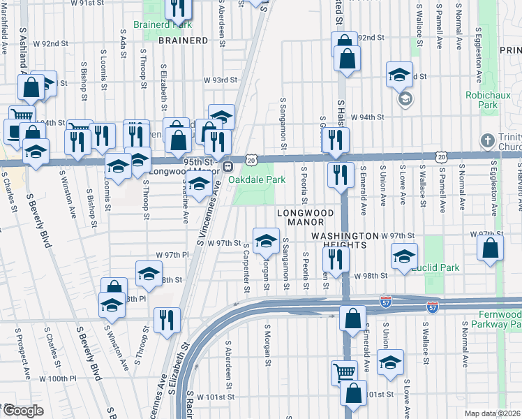 map of restaurants, bars, coffee shops, grocery stores, and more near 965 West 95th Street in Chicago