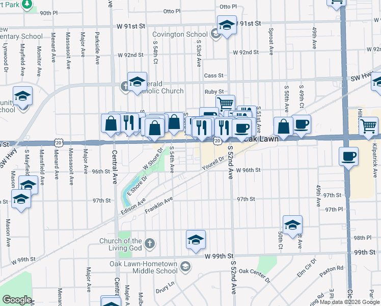map of restaurants, bars, coffee shops, grocery stores, and more near 5351 95th Street in Oak Lawn