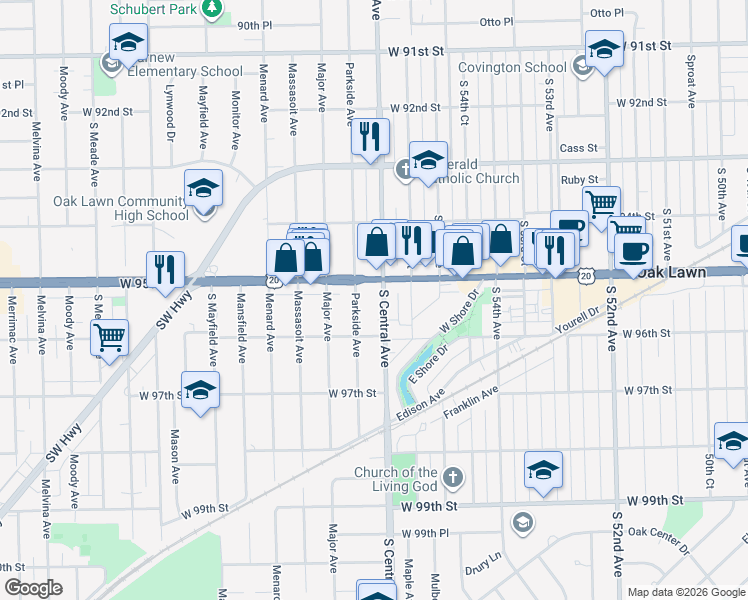 map of restaurants, bars, coffee shops, grocery stores, and more near in Oak Lawn