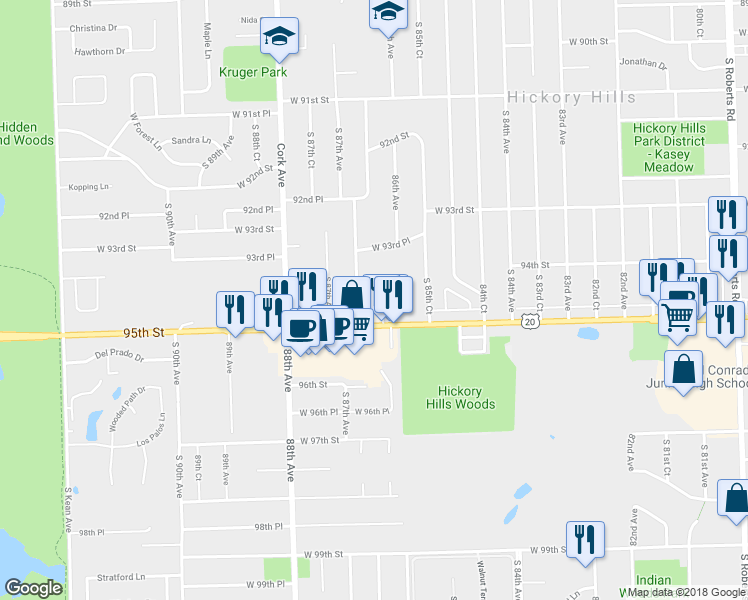 map of restaurants, bars, coffee shops, grocery stores, and more near 9437 86th Court in Hickory Hills