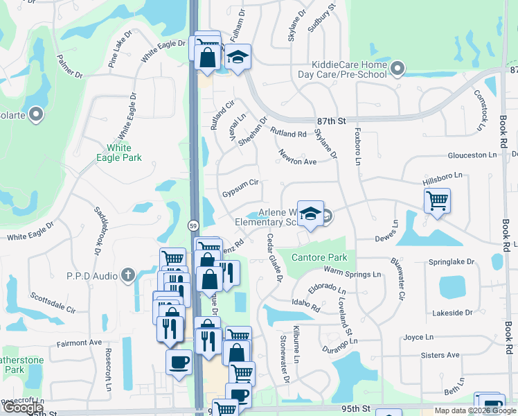 map of restaurants, bars, coffee shops, grocery stores, and more near 2889 Gypsum Circle in Naperville