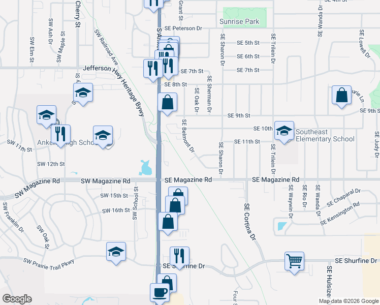 map of restaurants, bars, coffee shops, grocery stores, and more near 1014 Southeast Belmont Drive in Ankeny