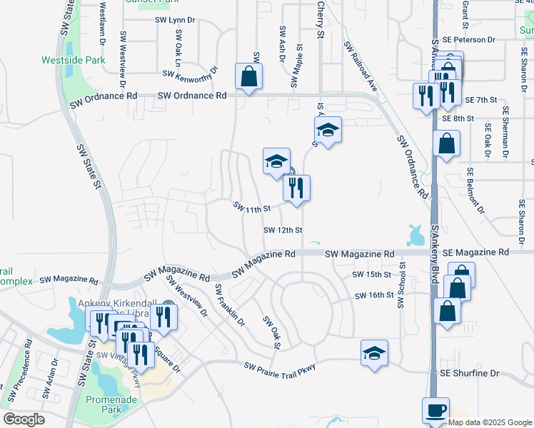 map of restaurants, bars, coffee shops, grocery stores, and more near 1103 Southwest Elm Street in Ankeny