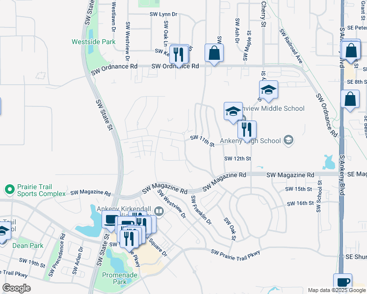 map of restaurants, bars, coffee shops, grocery stores, and more near 1373 Southwest Radcliffe Lane in Ankeny
