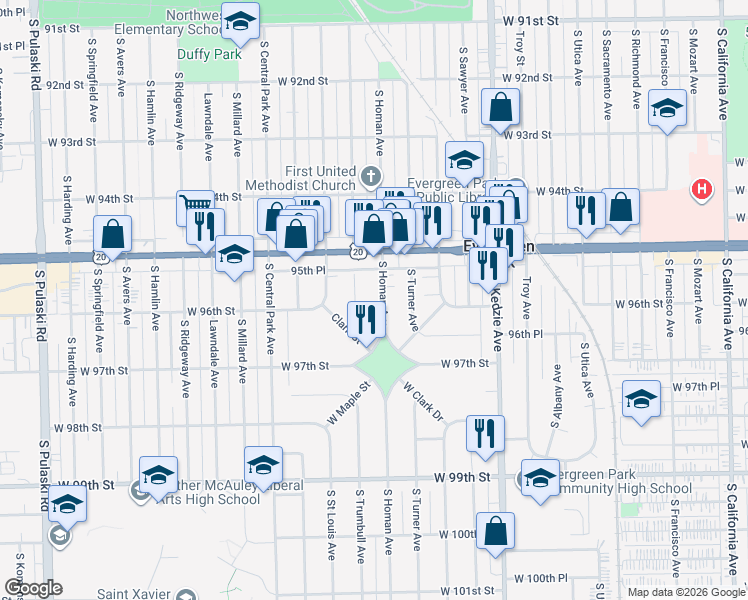 map of restaurants, bars, coffee shops, grocery stores, and more near 9545 South Homan Avenue in Evergreen Park