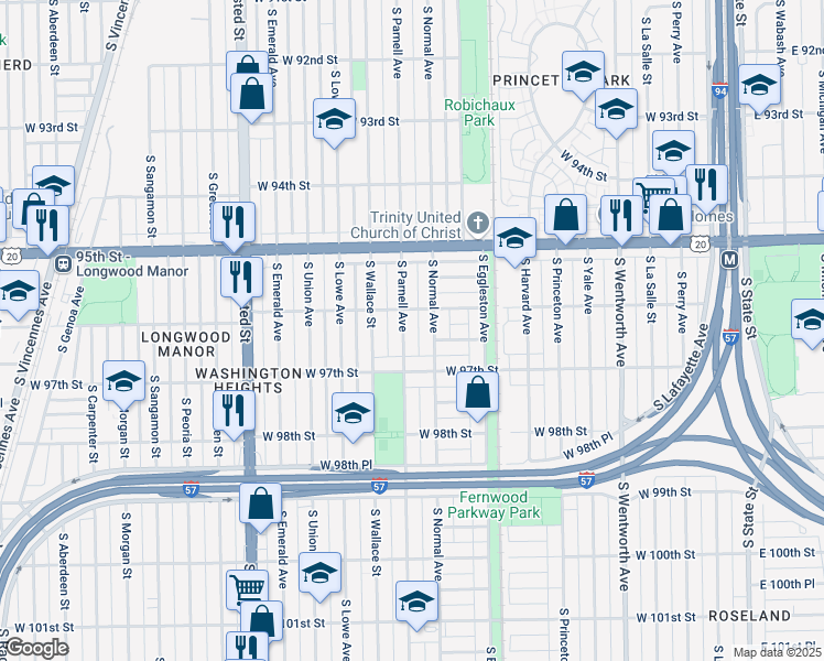 map of restaurants, bars, coffee shops, grocery stores, and more near 9606 South Normal Avenue in Chicago