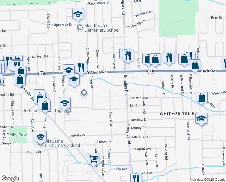map of restaurants, bars, coffee shops, grocery stores, and more near 2544 Schroeder Street in Toledo