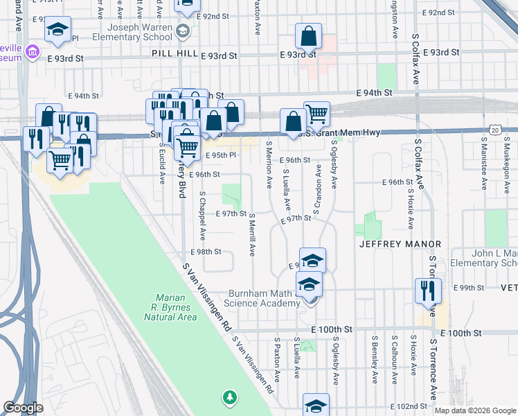 map of restaurants, bars, coffee shops, grocery stores, and more near 9658 South Merrion Avenue in Chicago