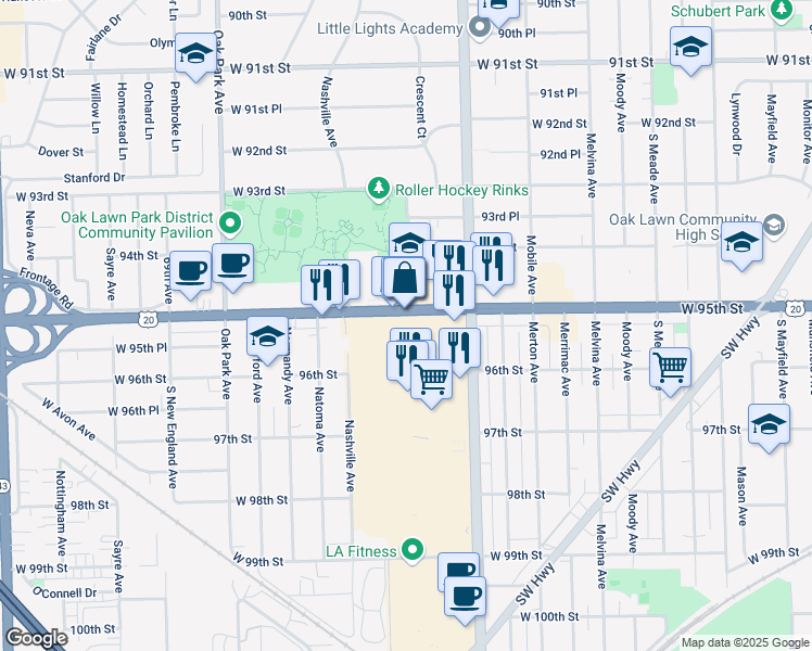 map of restaurants, bars, coffee shops, grocery stores, and more near 500 Chicago Ridge Mall in Oak Lawn