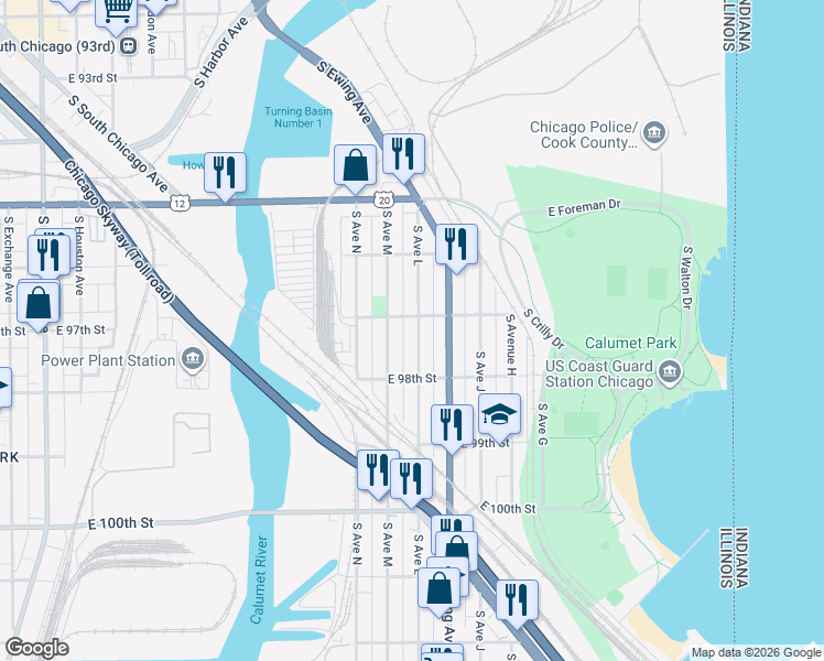 map of restaurants, bars, coffee shops, grocery stores, and more near 9700 South Avenue L in Chicago