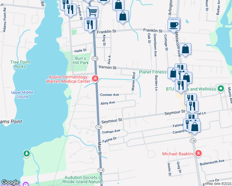 map of restaurants, bars, coffee shops, grocery stores, and more near 52 Coomer Avenue in Warren