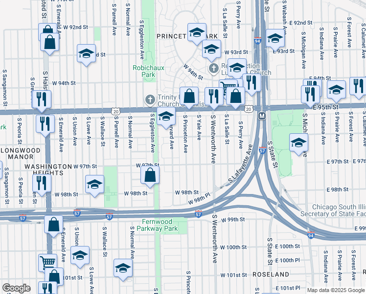 map of restaurants, bars, coffee shops, grocery stores, and more near 9620 South Princeton Avenue in Chicago