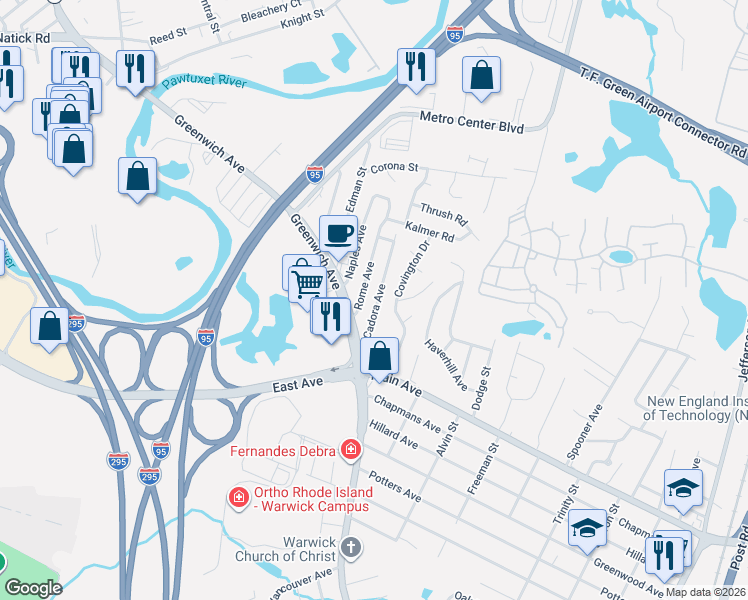 map of restaurants, bars, coffee shops, grocery stores, and more near 61 Cadora Avenue in Warwick