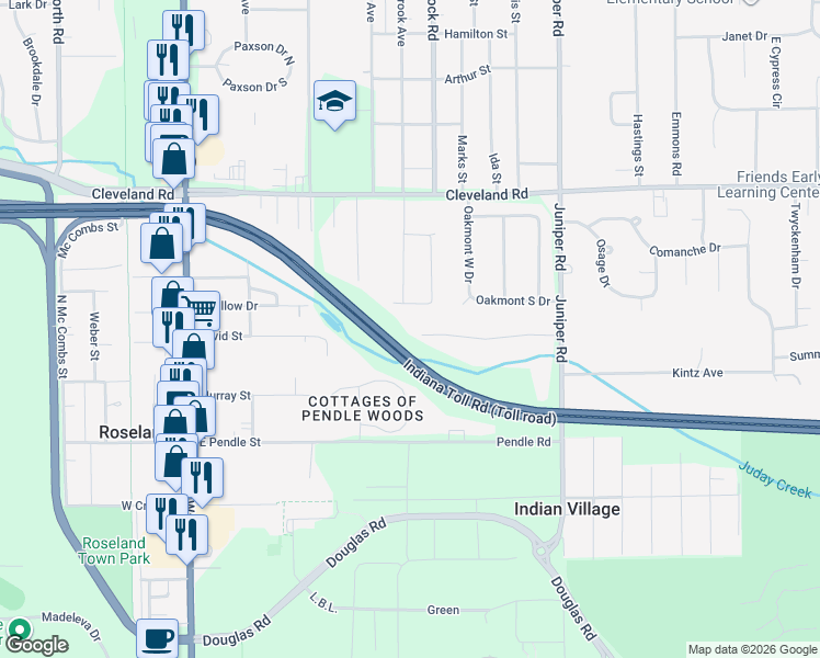 map of restaurants, bars, coffee shops, grocery stores, and more near 53398 Placid Dr in South Bend