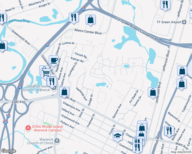 map of restaurants, bars, coffee shops, grocery stores, and more near 873 Halifax Drive in Warwick