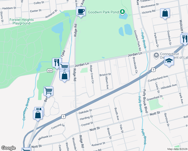 map of restaurants, bars, coffee shops, grocery stores, and more near 40 Ridge Crest Circle in Wethersfield