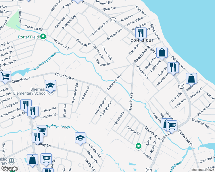 map of restaurants, bars, coffee shops, grocery stores, and more near 121 Overbrook Avenue in Warwick
