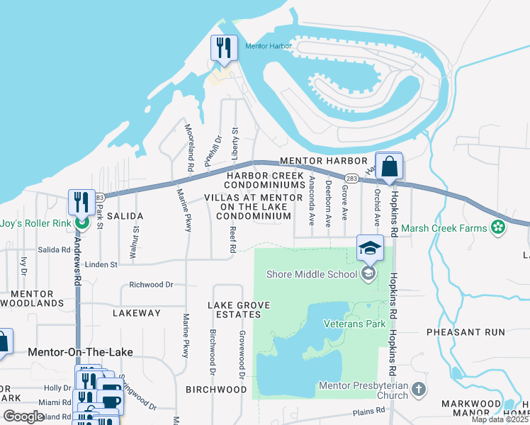 map of restaurants, bars, coffee shops, grocery stores, and more near 8050 Harbor Creek Drive in Mentor-on-the-Lake