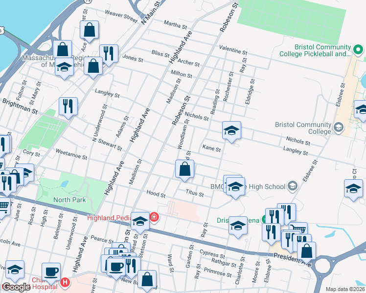 map of restaurants, bars, coffee shops, grocery stores, and more near 269 Woodlawn Street in Fall River