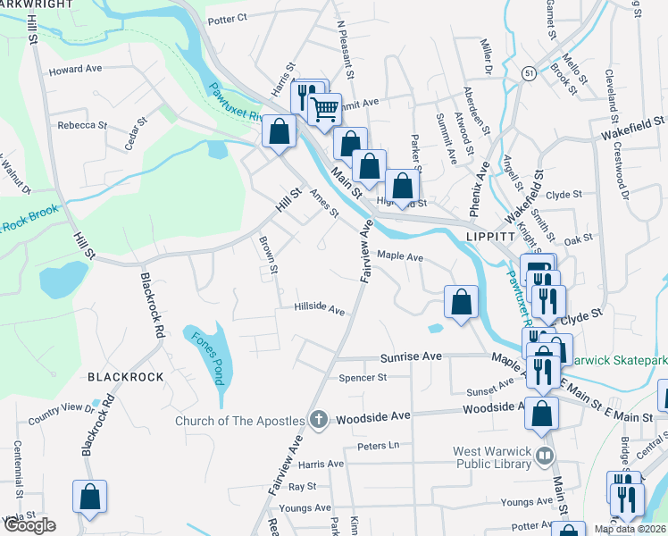 map of restaurants, bars, coffee shops, grocery stores, and more near 17 Fairview Avenue in West Warwick