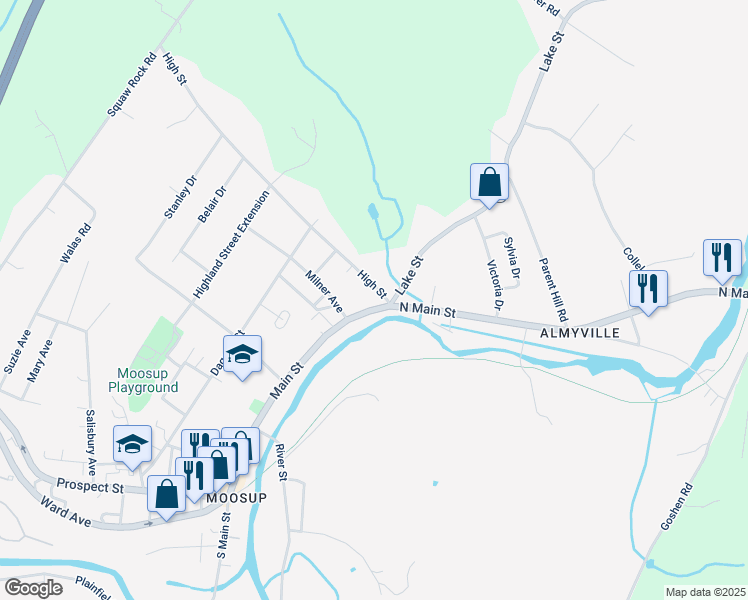 map of restaurants, bars, coffee shops, grocery stores, and more near 11 High Street in Plainfield