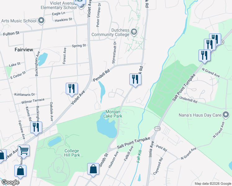 map of restaurants, bars, coffee shops, grocery stores, and more near 49 Creek Road in Poughkeepsie