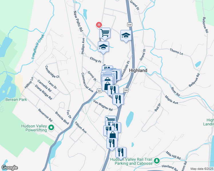 map of restaurants, bars, coffee shops, grocery stores, and more near 26 Main Street in Highland