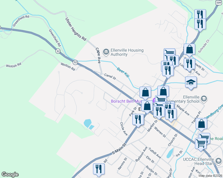 map of restaurants, bars, coffee shops, grocery stores, and more near 9 Center Street in Ellenville