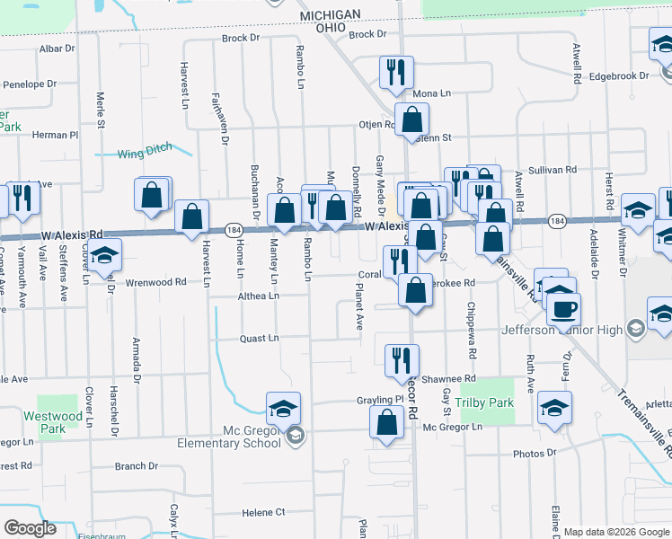 map of restaurants, bars, coffee shops, grocery stores, and more near 3434 Coral Avenue in Toledo