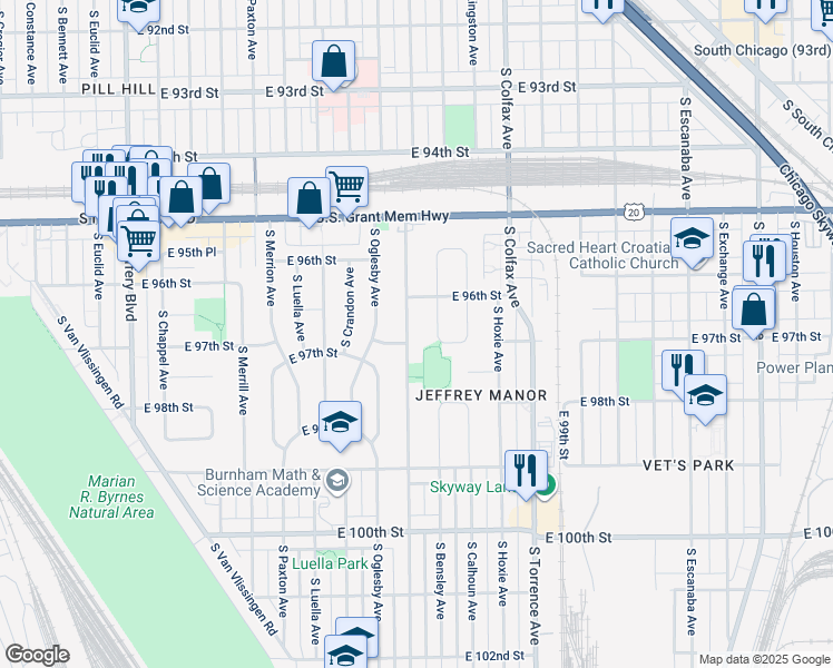 map of restaurants, bars, coffee shops, grocery stores, and more near 9624 South Bensley Avenue in Chicago