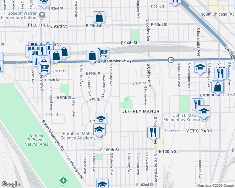 map of restaurants, bars, coffee shops, grocery stores, and more near 9652 South Yates Boulevard in Chicago