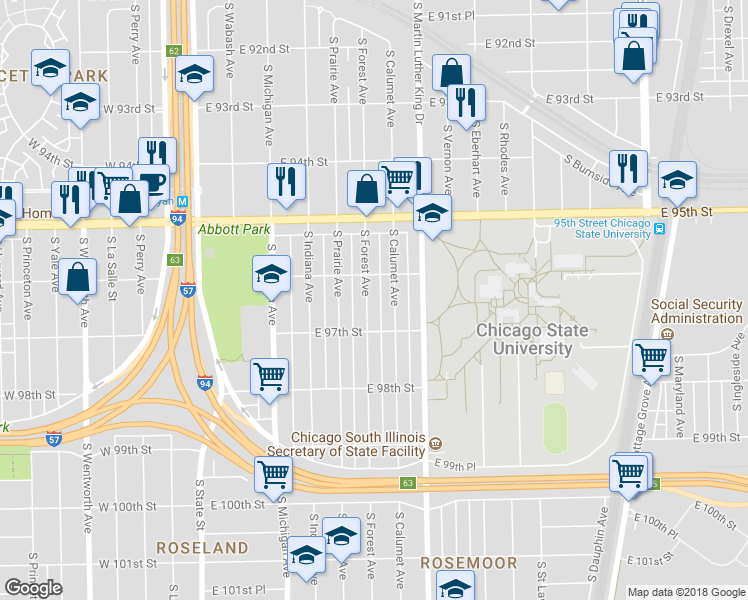 map of restaurants, bars, coffee shops, grocery stores, and more near 9615 South Forest Avenue in Chicago