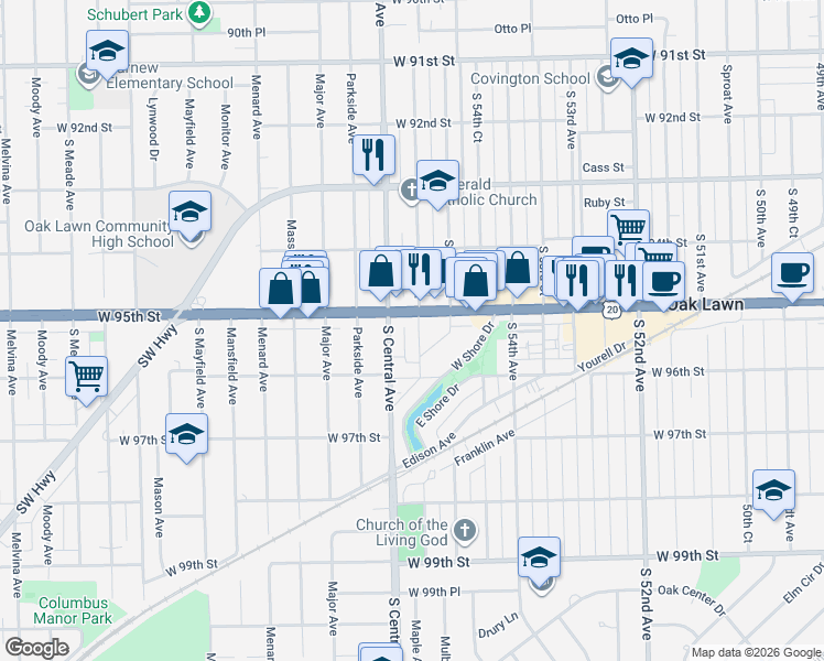 map of restaurants, bars, coffee shops, grocery stores, and more near 5535 95th Street in Oak Lawn