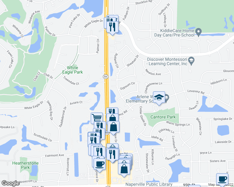 map of restaurants, bars, coffee shops, grocery stores, and more near 2459 Sheehan Drive in Naperville