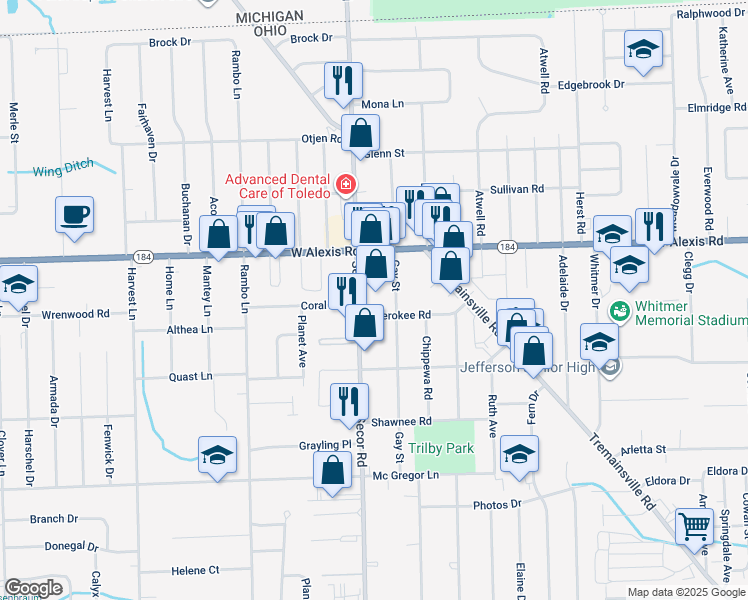 map of restaurants, bars, coffee shops, grocery stores, and more near 5720 Secor Road in Toledo