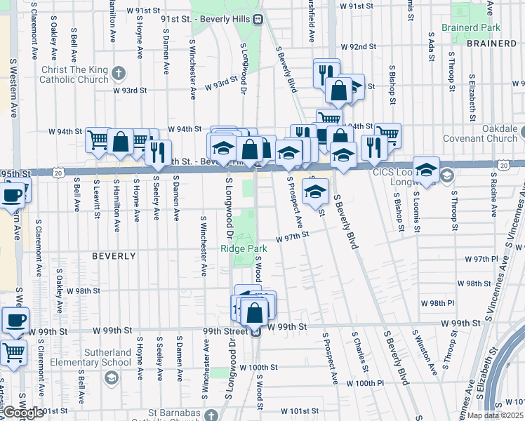 map of restaurants, bars, coffee shops, grocery stores, and more near 1753 West 96th Street in Chicago