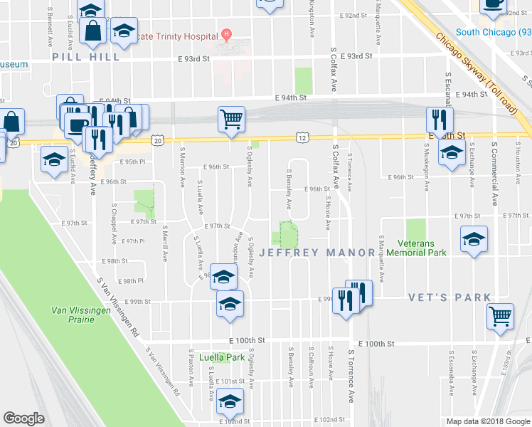 map of restaurants, bars, coffee shops, grocery stores, and more near 9652 South Yates Boulevard in Chicago