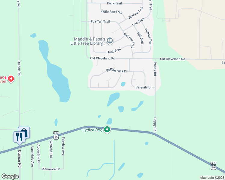 map of restaurants, bars, coffee shops, grocery stores, and more near Grassy Knoll Drive in South Bend